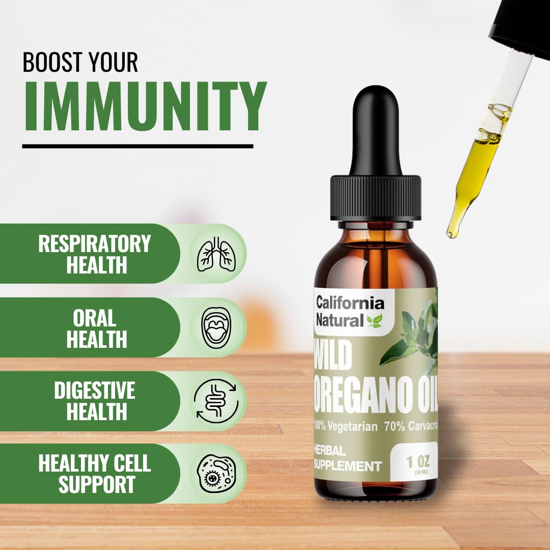 Wild Oregano Oil 1oz Bottle - California Natural - Immune System & Digestive Support - Promote Gut Health & Healthy Digestion - 100% Vegetarian - 70% Carvacrol - Herbal Supplement - 1oz