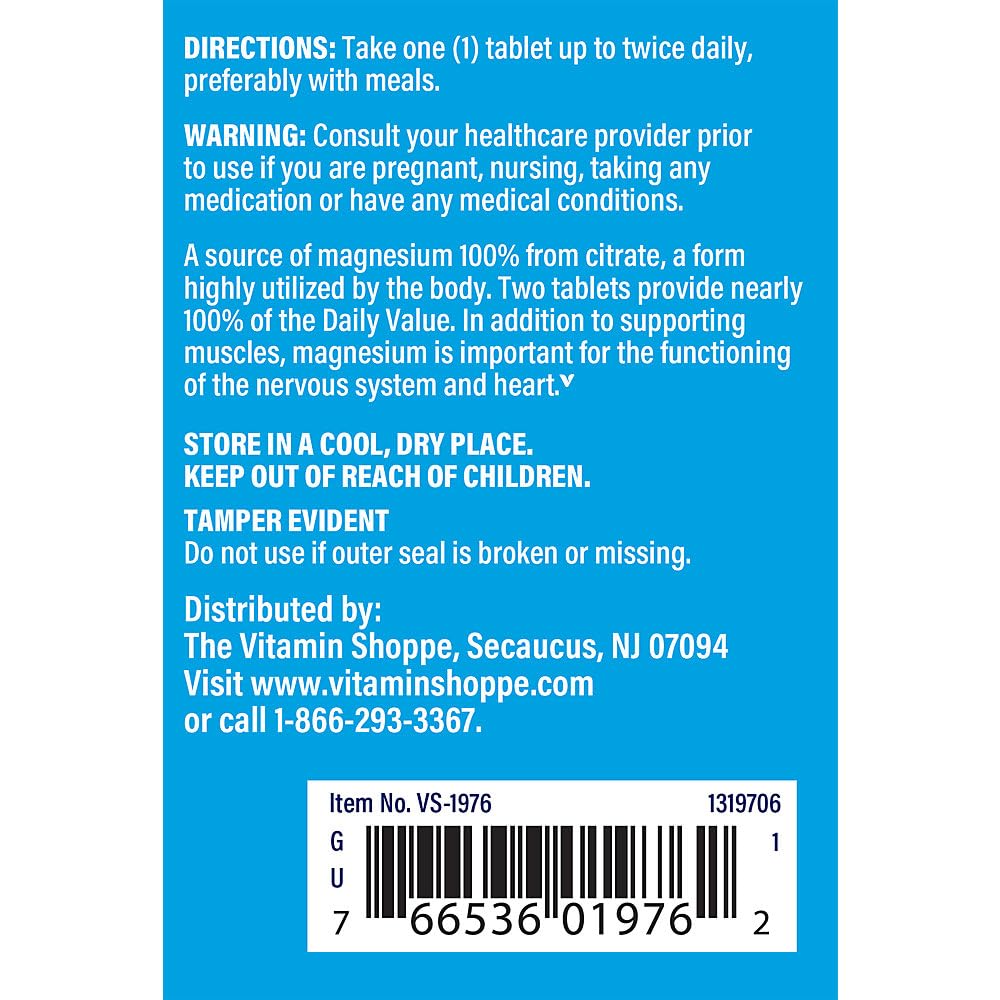 The Vitamin Shoppe Magnesium Citrate 200MG - Muscle Relaxation, Bone Health & Energy Production, Highly Absorbable (100 Tablets)