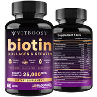 Thumbnail for VITBOOST Biotin with Hyaluronic Acid, Collagen and Keratin – 25000 mcg Hair Growth Vitamins for Men and Women – Nails and Skin, USA Made - Third Party Tested, B1, B2, B3, B6, B7 Complex - 60 Capsules