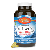 Thumbnail for Carlson - Cod Liver Oil Gems, Super 1000 mg, 250 mg Omega-3s, 400 IU (10 mcg) Vitamin D3, Wild Caught Norwegian Arctic Cod Liver Oil, Capsules, 250 Softgels
