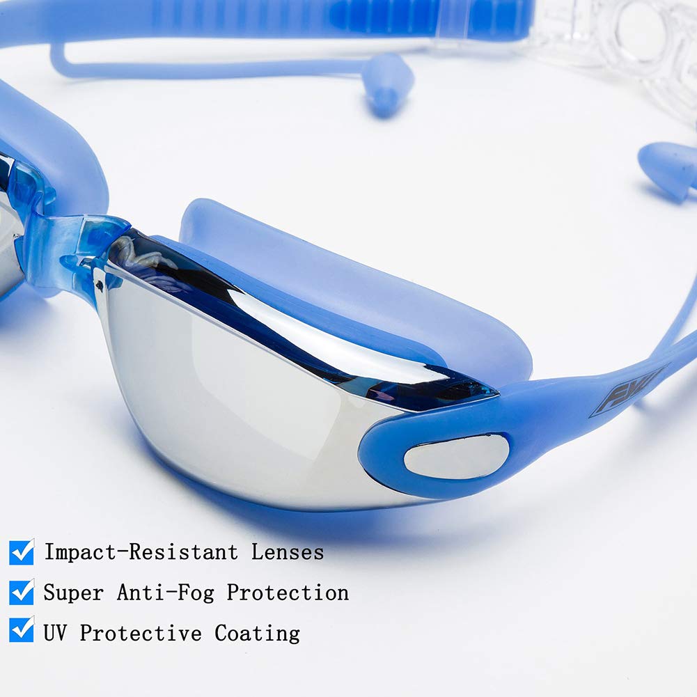 Aokelily Swim Goggles and Cap Set 4 in 1, UV 400 Protection Lenses Clear Anti-Fog Swimming Goggles Waterproof No Leaking with Nose Clip + Ear Plugs for Adult Men Women Kids (Blue)