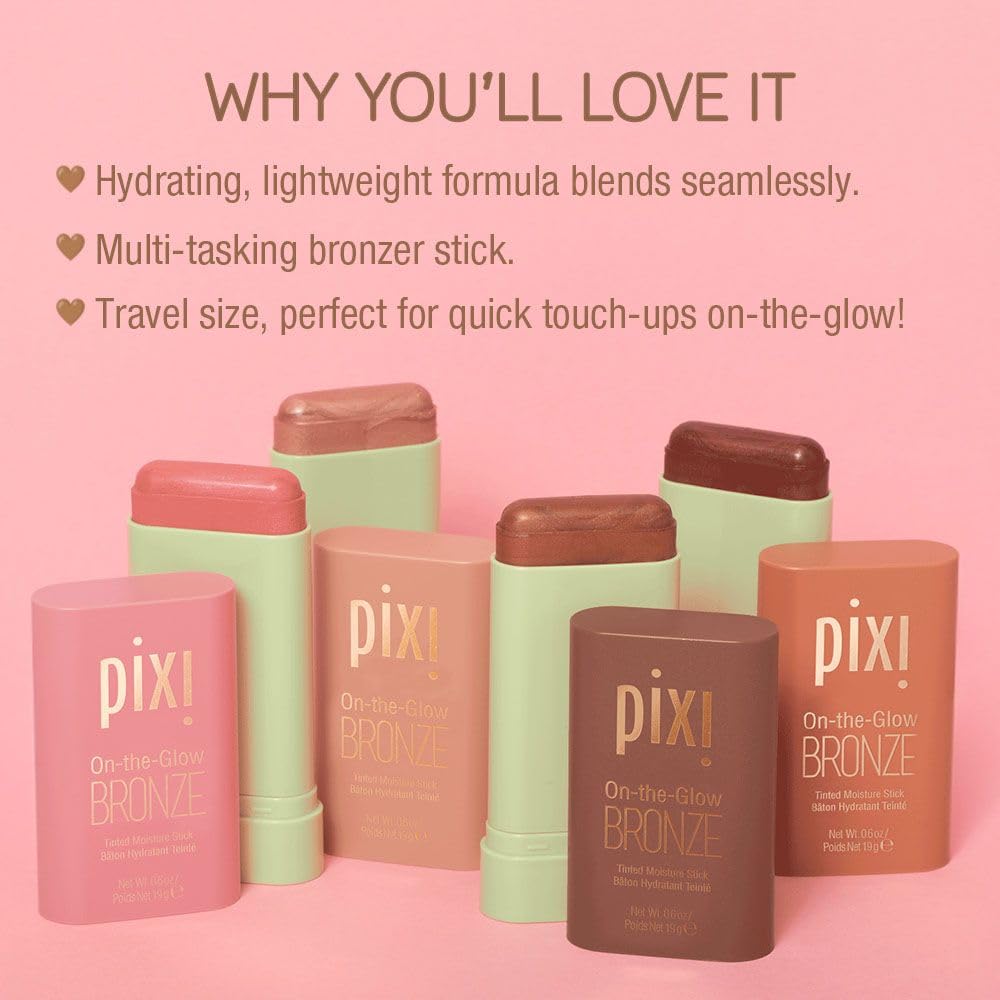 Pixi On-the-Glow Bronze - SoftGlow, Hydrating Tinted Moisture Bronzer Stick with Ginseng, Aloe Vera & Fruit Extracts, For Cheeks & Lips, 19g / 0.6oz, Paraben-Free