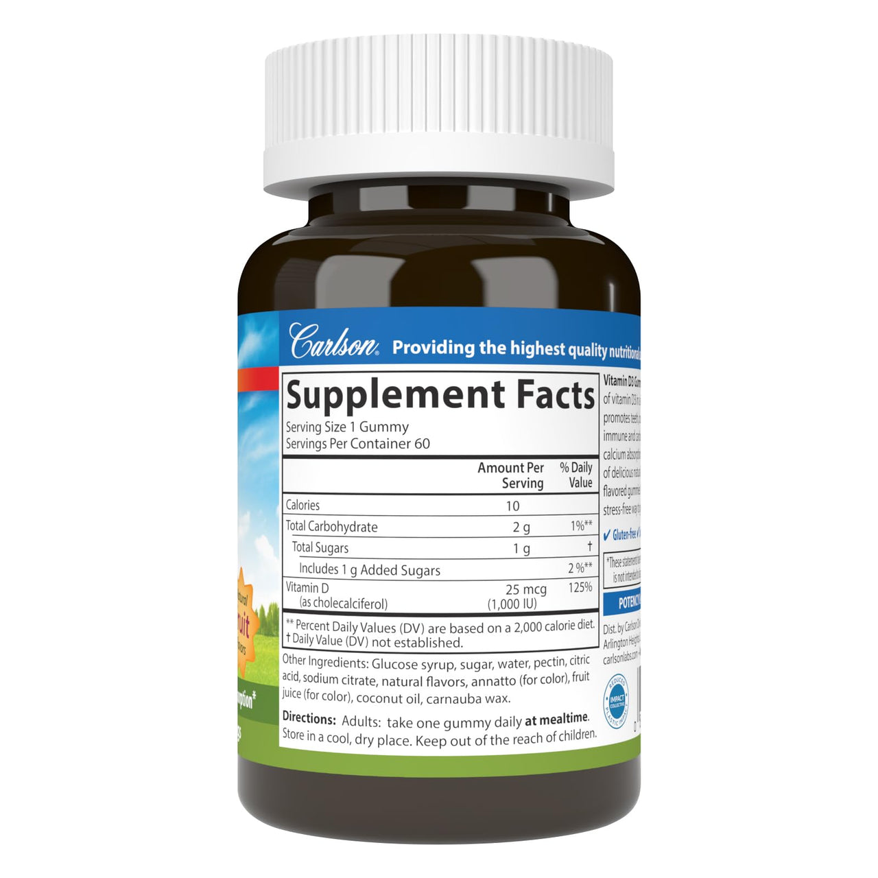 Carlson - Vitamin D3 Gummies, 1000 IU (25 mcg), Bone Health, Immune Support & Calcium Absorption, Natural Fruit Flavors, 60 Vegetarian Gummies