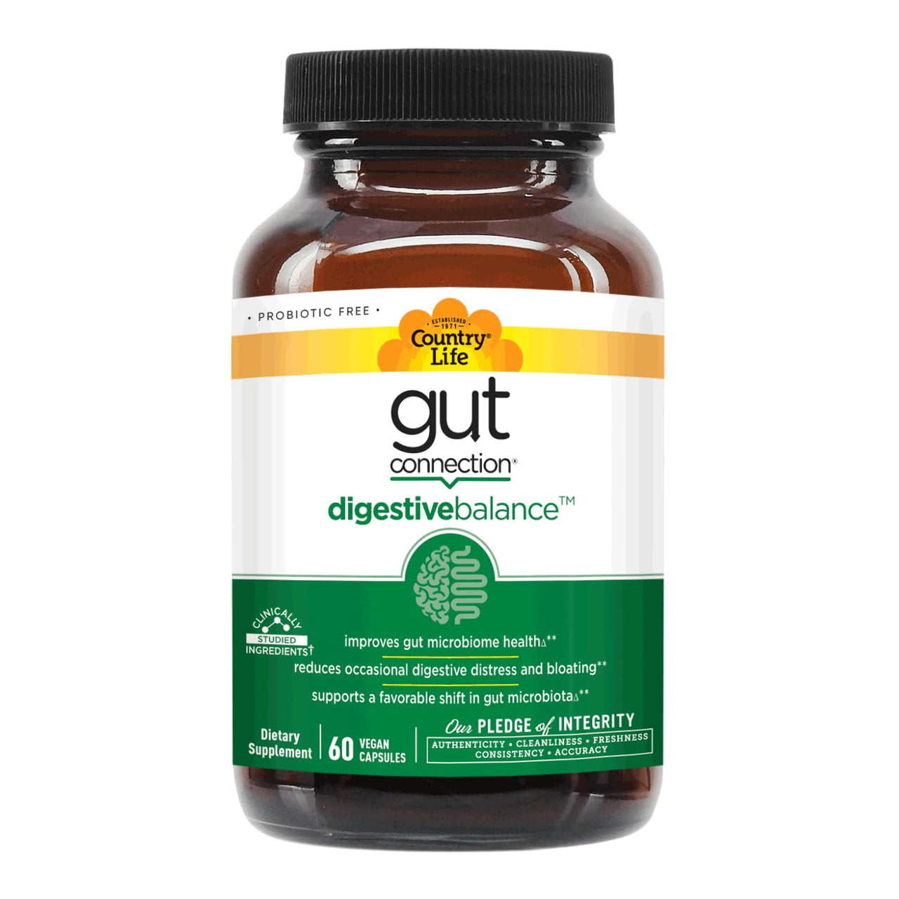 Country Life Gut Connection Digestive Balance – Prebiotic & Digestive Enzyme Supplement for Gut Health, Bloating Relief, and Improved Bowel Movements – Gluten-Free, Vegan, Non-GMO, 60 Capsules