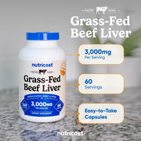 Thumbnail for Nutricost Grass Fed Desiccated Beef Liver Capsules 3000mg Per Serv (750mg Per Cap), 240 Cap for 60 Servings - No Hormones, GMO and Gluten Free, Pasture-Raised, Free Range Beef