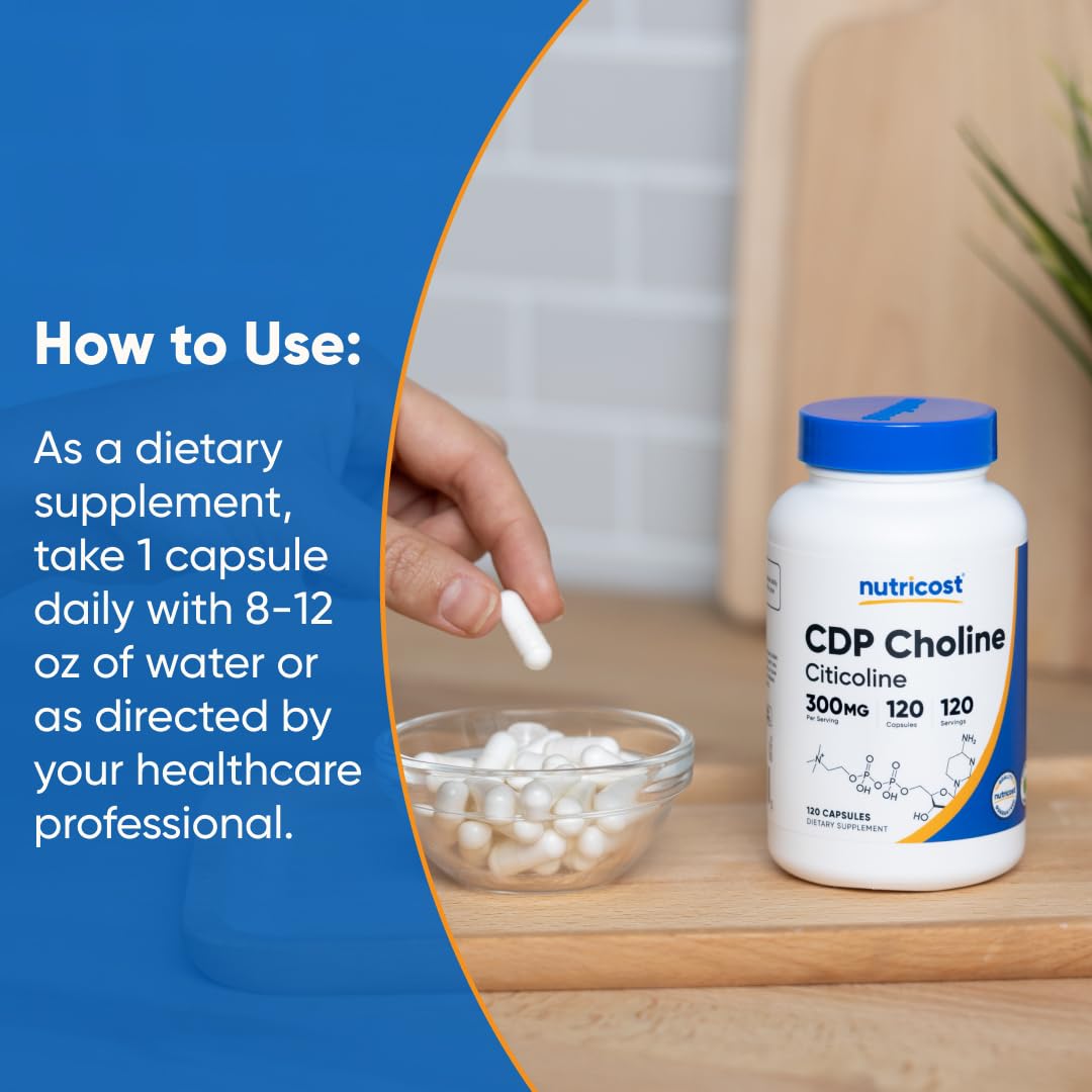 Nutricost CDP Choline (Citicoline) 300mg, 120 Vegetarian Capsules - Non-GMO, Vegetarian Friendly, Gluten Free