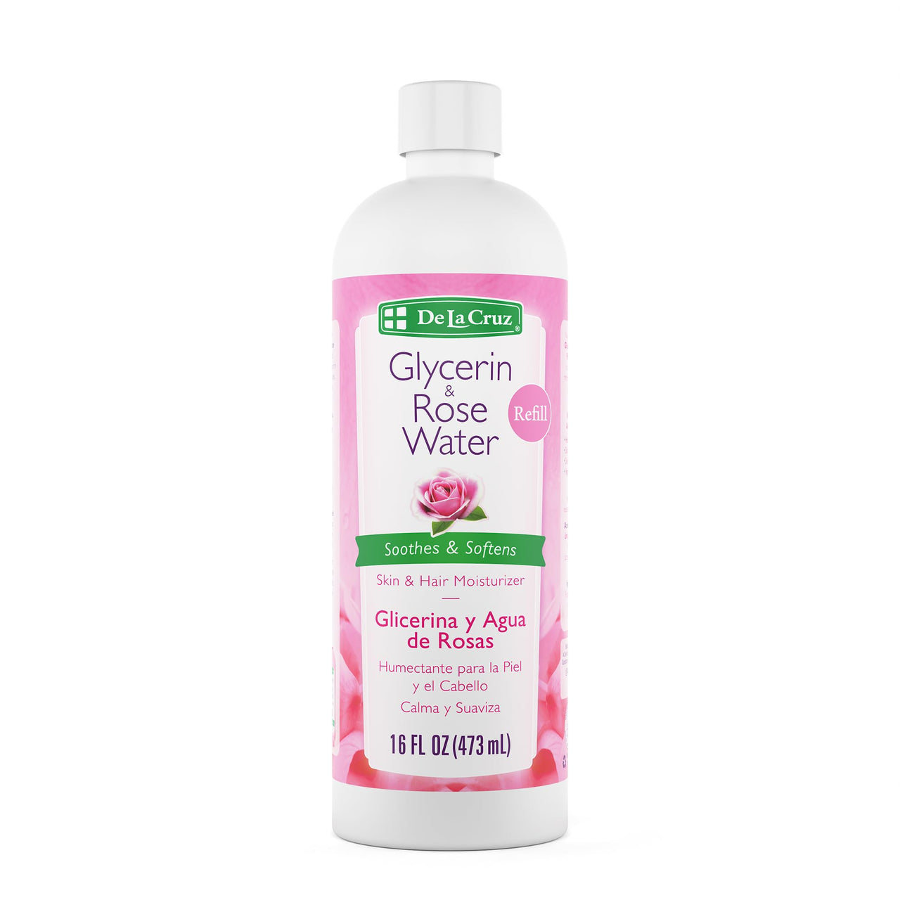 De La Cruz Rose Water and Glycerin for Face Bundle – Rosewater Facial Toner and Moisturizer for Skin and Hair - 8 fl oz + 16 fl oz Refill Bottle