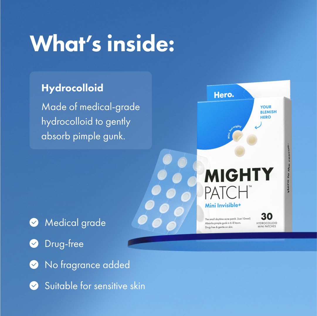 Mighty Patch Mini Invisible+ Patches - X-Small Daytime Hydrocolloid Acne Pimple Patches for Covering Zits & Blemishes, Blends Into Skin & Barely There (30 Count, 10mm Patch)