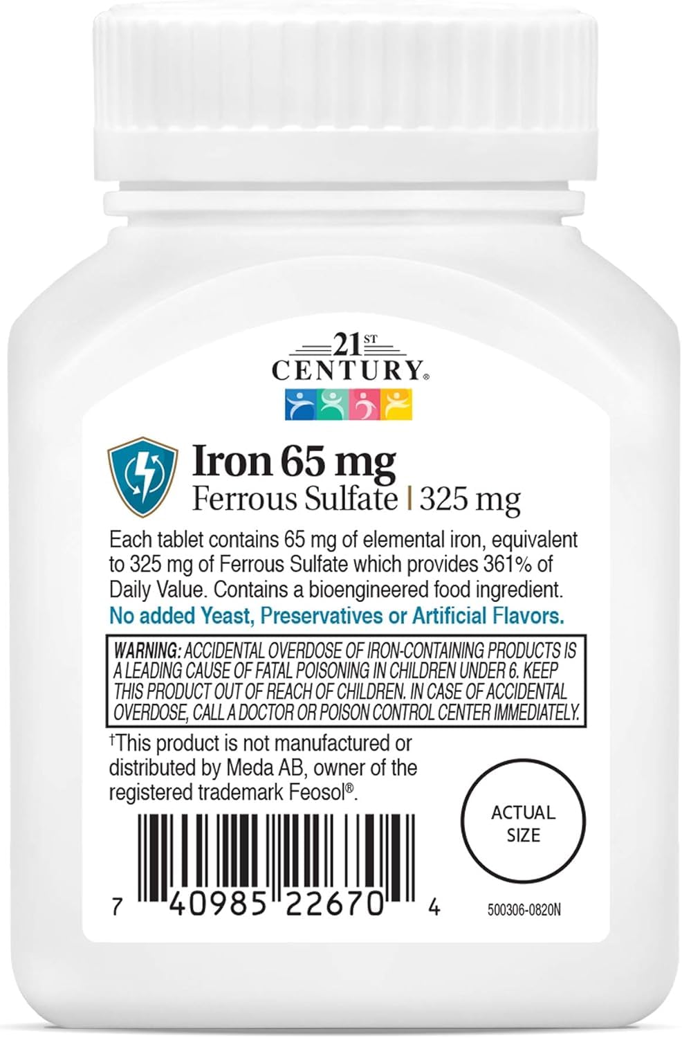 21st Century Iron 65 mg Ferrous Sulfate 325 mg Tablets, 120 Count