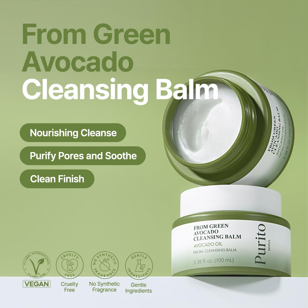 PURITO From Green Avocado Cleansing Balm 100ml / 3.38 fl. oz., Melt-In Moisture with Avocado Oil, Vegan, Cruelty-Free, Suitable for Dry Skin, Korean Skincare