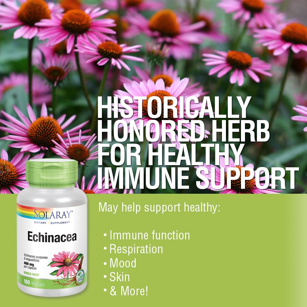 SOLARAY Echinacea Purpurea & Angustifolia Root 460 mg | Healthy Immune & Respiratory Function Support | 180 VegCaps