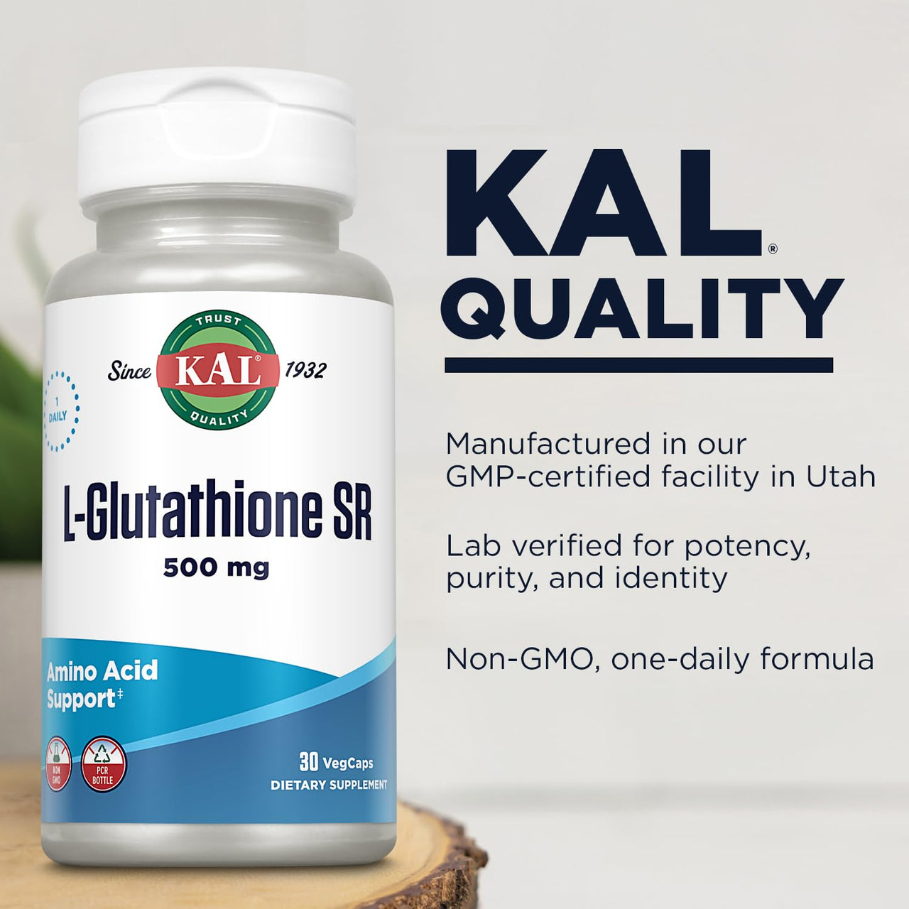 KAL L-Glutathione SR, Reduced Glutathione Supplement, High Absorption Antioxidant Supplement, Lab Verified, 30 Servings, 30 VegCaps
