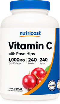 Thumbnail for Nutricost Vitamin C with Rose HIPS 1025mg, 240 Capsules - Vitamin C 1,000mg, Rose HIPS 25mg, Premium, Non-GMO, Gluten Free Supplement
