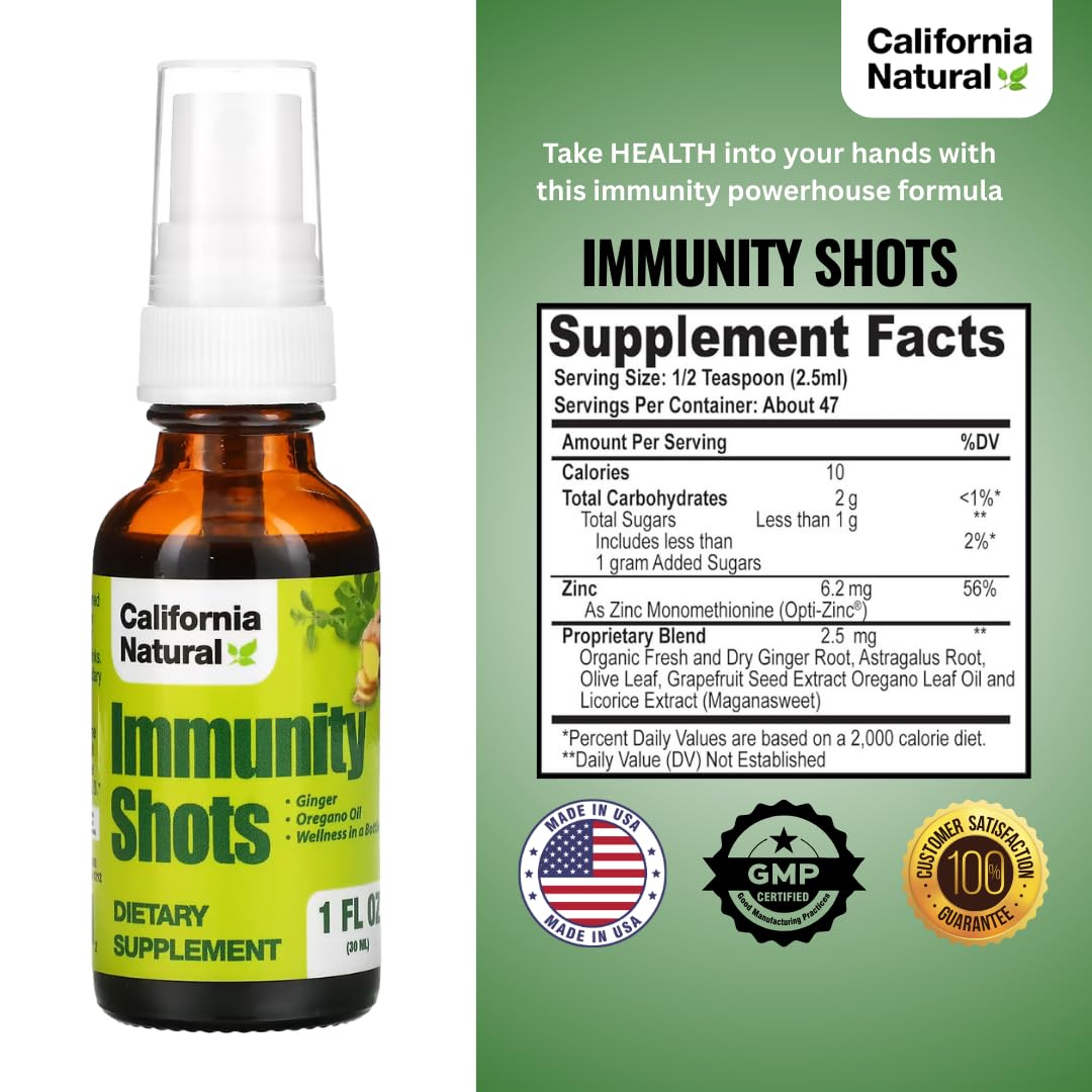 California Natural Immunity Shots 1oz Bottle, Organic Ginger Root, Oregano Oil - Potent & Pure Immune System Booster - Immune System Support & Wellness Shot (Pack of 1)