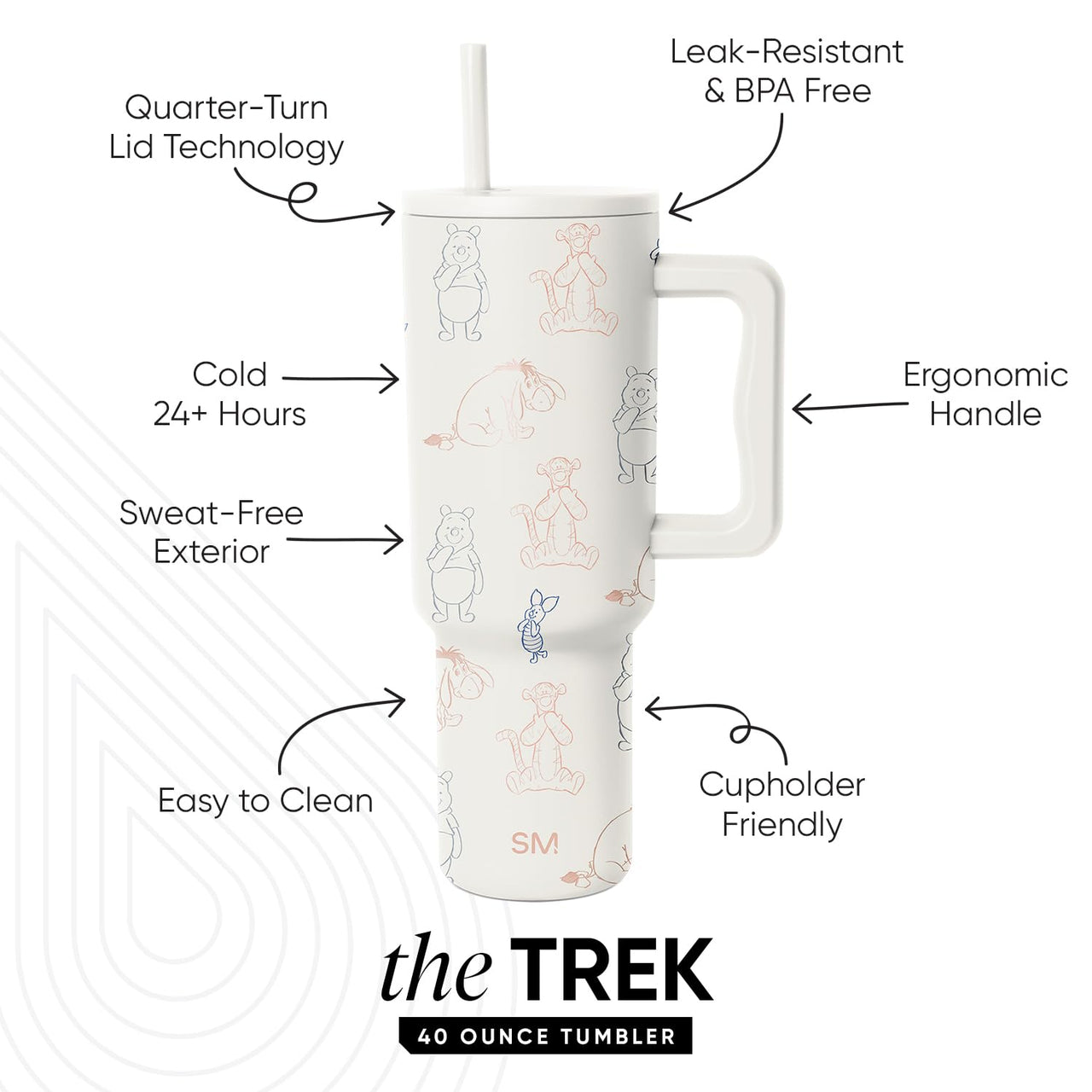 Simple Modern Disney 40 oz Trek Tumbler with Handle and Straw Lid | Cup Holder Friendly Insulated Stainless Steel Travel Mug | Winnie the Pooh Doodles