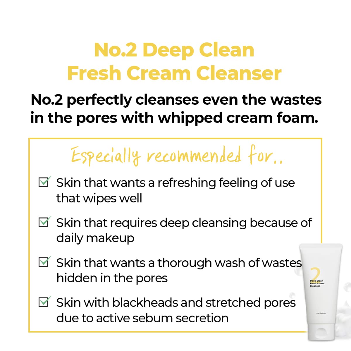numbuzin No.2 Cleansing Foam | Deep Clean Fresh Cream Cleanser | Foam Cleanser, Gentle Exfoliation, Deep Cleansing, Natural Ingredients | Blackheads, Excess Oil, Dead Skin Cells | 4.05 fl. oz.