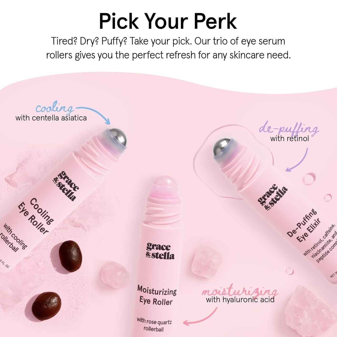 grace & stella Under Eye Brightener Roller - Airplane Travel Essentials - Travel Size Toiletries - Retinol & Caffeine Eye Serum for Puffiness, Dark Circles, Wrinkles - Vegan Skincare (15ml / 0.51floz)