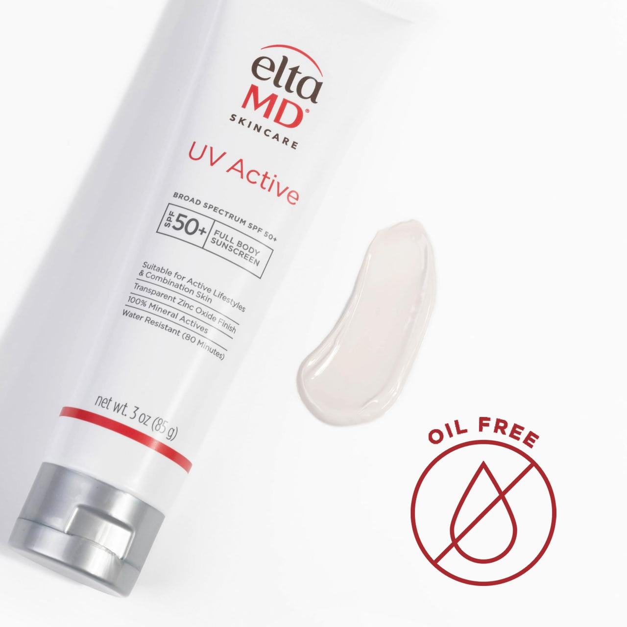 EltaMD UV Active Mineral Sunscreen with Zinc Oxide, Water Resistant Sunscreen SPF 50+ Up to 80 Minutes, Oil Free SPF for Face and Body, 3.0 oz Tube