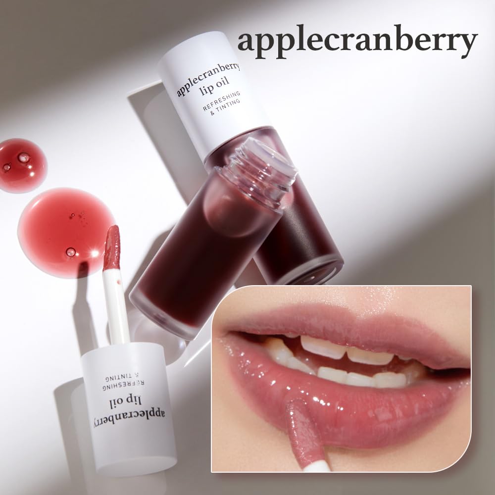 NOONI Korean Vegan Appleseed Lip Oil - Applecranberry | Long-Lasting, Moisturizing, Plumping, Revitalizing for Dry Lips, Waterproof, No Peel Off, Hydrating, Mother's Day, 0.12 FL Oz