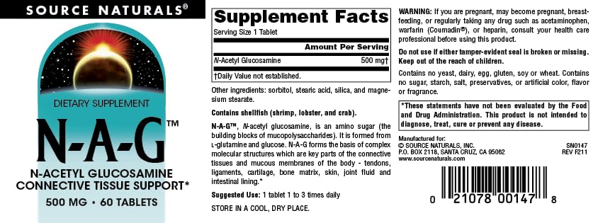 Source Naturals N-A-G N-Acetyl Glucosamine for Joint Support and Intestinal Lining* - 500 mg - 60 Tablets