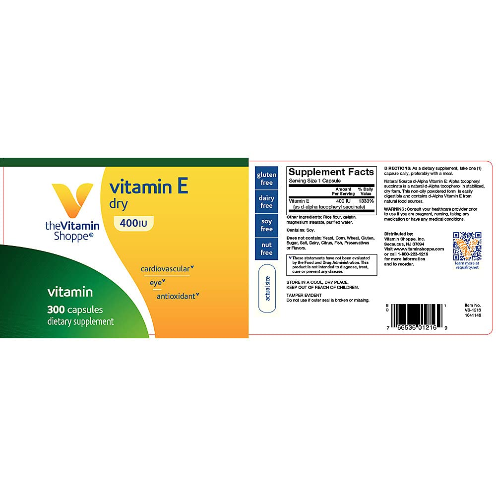 Vitamin E Dry 400IU Natural Source, Supports Healthy Cardiovascular System, Immune Health Eye Health Once Daily (300 Capsules) by The Vitamin Shoppe