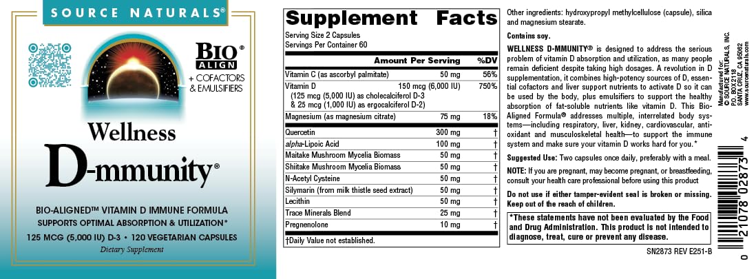 Source Naturals Wellness D-mmunity, Bio-Aligned Vitamin D Immune Formula, Supports Optimal Absorption and Utilization* - 120 Vegetarian Capsules