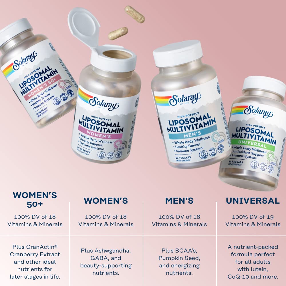 SOLARAY Liposomal Multivitamin for Women 50 Plus, Enhanced Absorption with Iron, Vitamin D, Vitamin C, B12, Biotin & More, Immune Support & Bone Health, Vegan, 60 Servings, 120 VegCaps