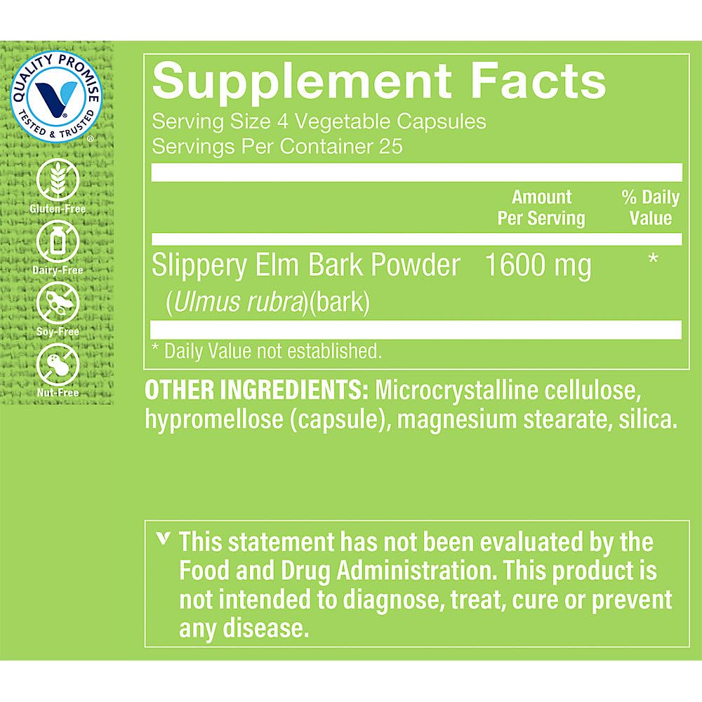 Slippery Elm Bark a Helps Coat & Soothe The GI Tract (100 Vegetable Capsules)