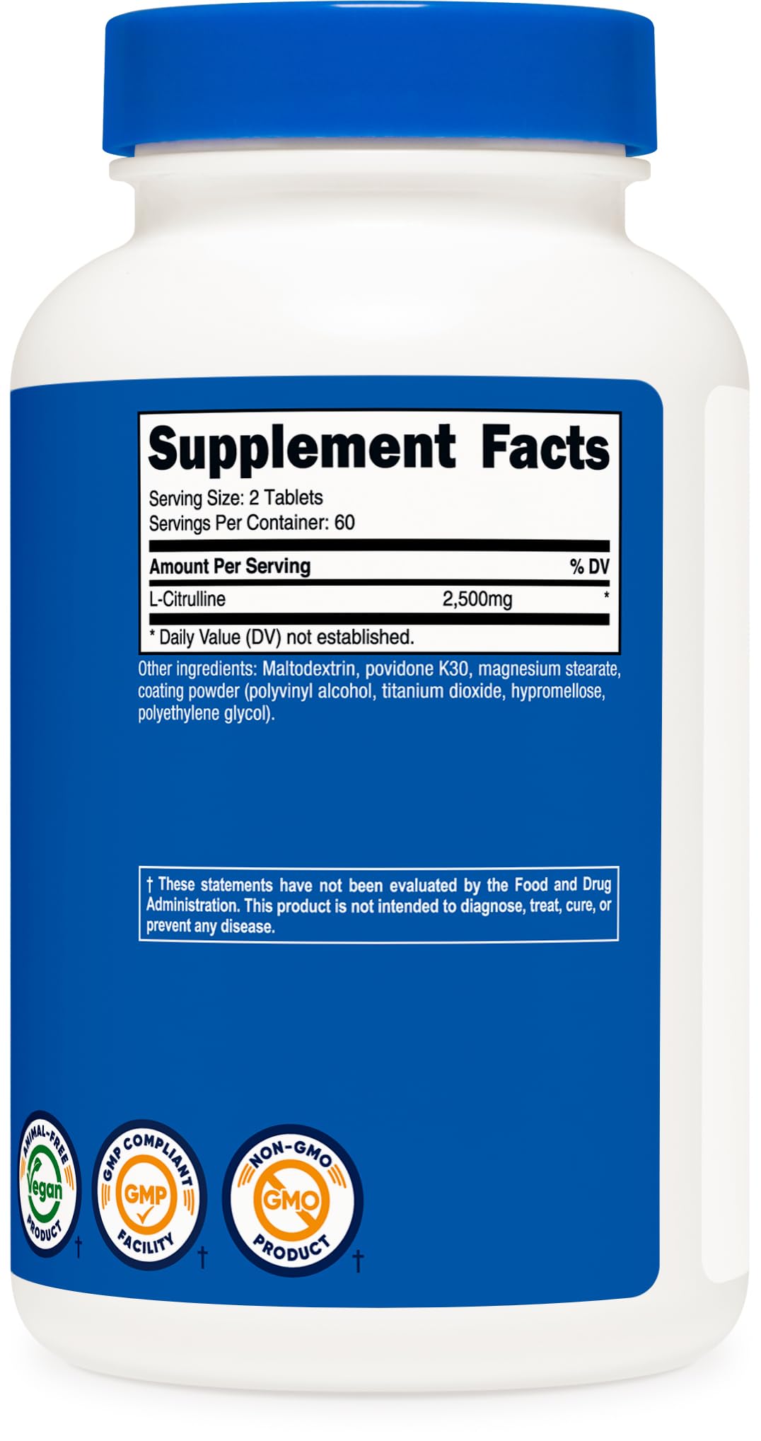 Nutricost L-Citrulline 2500mg Per Serving, 60 Servings, 1250mg Per Tablet, 120 Tabs - Non-GMO and Gluten Free Supplement