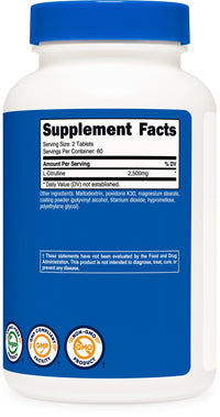 Thumbnail for Nutricost L-Citrulline 2500mg Per Serving, 60 Servings, 1250mg Per Tablet, 120 Tabs - Non-GMO and Gluten Free Supplement