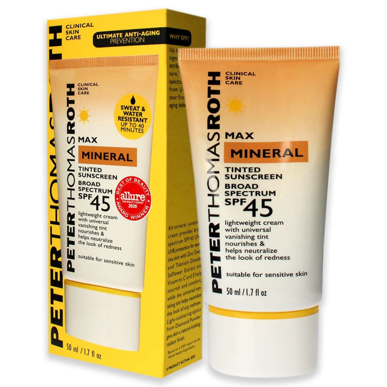 Peter Thomas Roth | Max Mineral Tinted Sunscreen Broad Spectrum SPF 45 | Tinted Moisturizer with SPF, Water-Resistant Mineral Sunscreen For Sensitive Skin, 1.7 Fl Oz