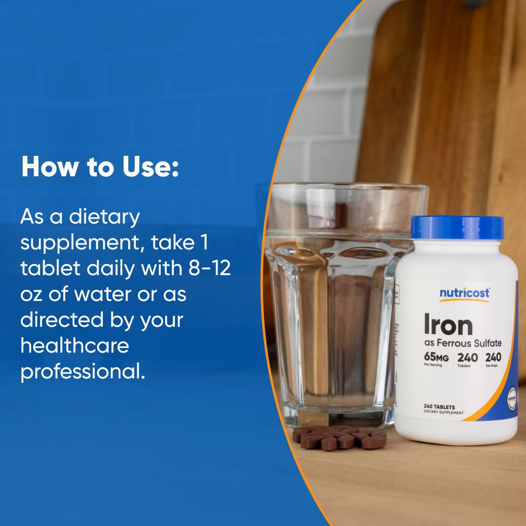Nutricost Iron (As Ferrous Sulfate) 65mg, 240 Tablets - Non-GMO, Gluten Free