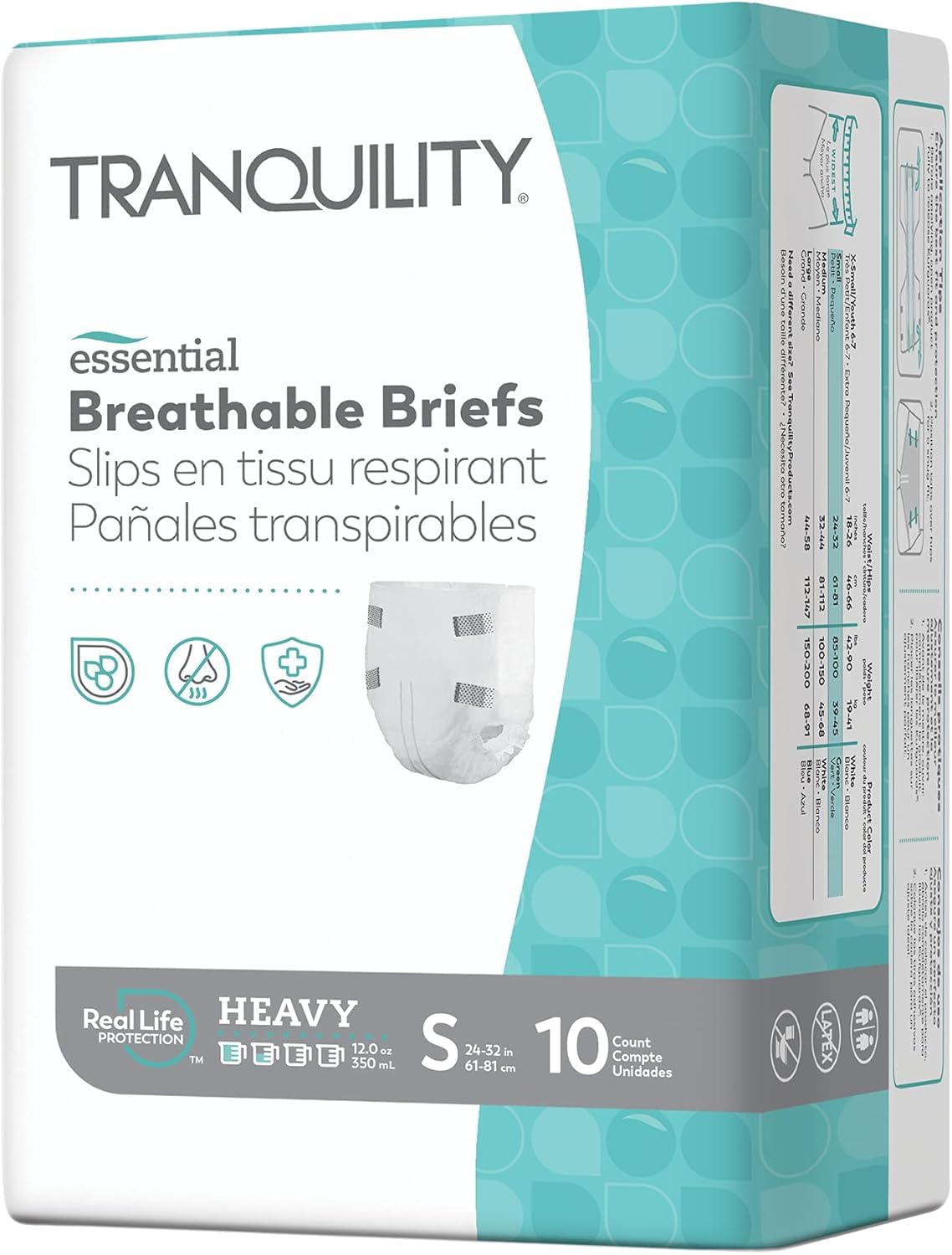 Tranquility Essential Briefs, Heavy Incontinence Absorbency, Adult Small, Refastenable Tabs, Soft& Breathable Design, Latex-Free, Secure& Comfortable Fit, 10ct Bag