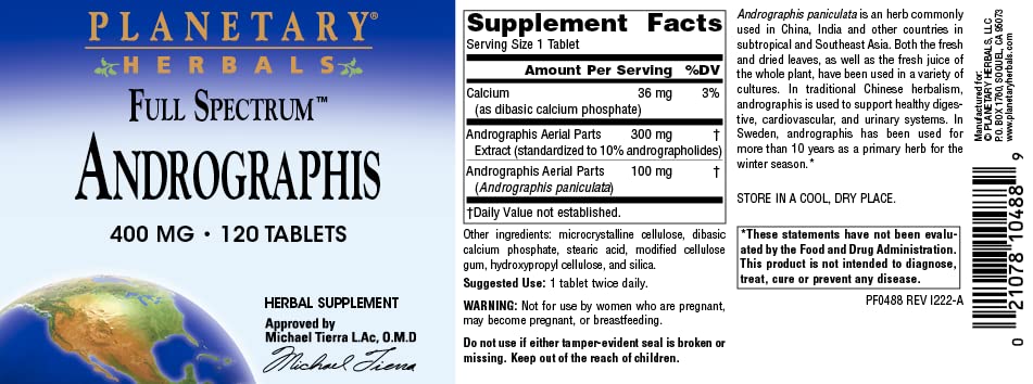 Planetary Herbals Full Spectrum Andrographis 400mg Support Healthy Digestive, Cardiovascular & Unrinary Systems - Support For Healthy Liver & Immune Function - Ayurvedic Herb - 120 Tablets