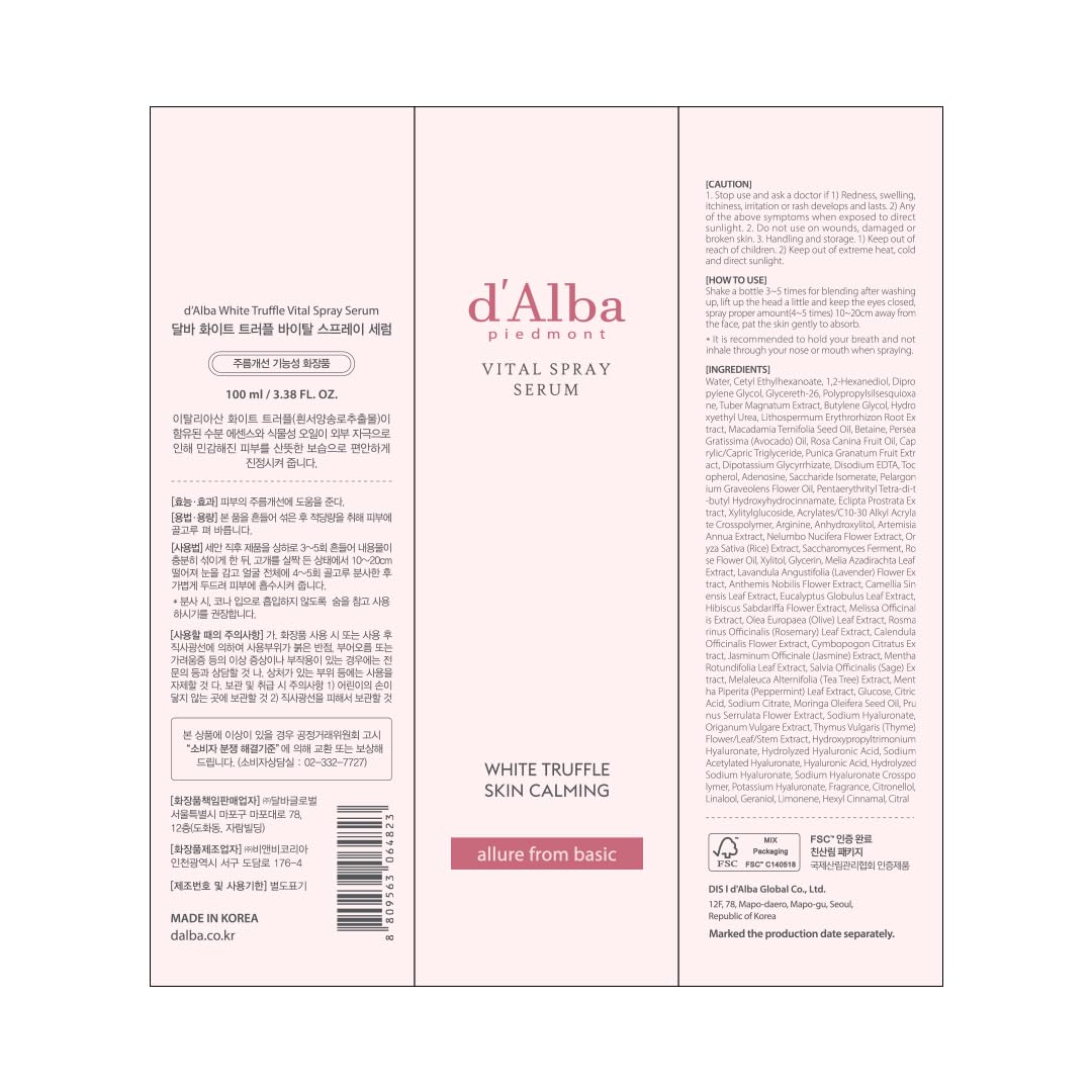 d'alba Piedmont Italian White Truffle Vital Spray Serum, Vegan Skin Care, Calming and Hydrating Facial Mist for Red and Sensitive Skin, Glow Serum, Surfactant Free, All in One, Korean Skin Care