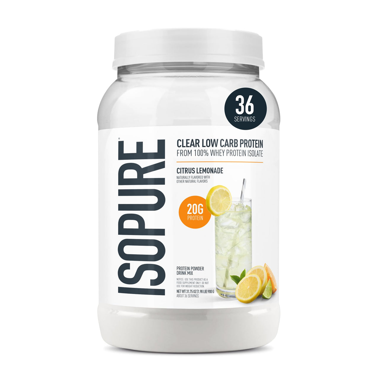 Isopure Clear Whey Isolate Protein Powder, Lactose Free, Gluten Free, Naturally Flavored, Citrus Lemonade, 20g Protein Per Serving, 1.9 Lb, 36 Servings (Packaging May Vary)