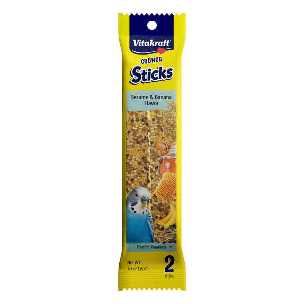 Vitakraft Crunch Sticks Parakeet Treat – 2 Sticks – Sesame and Banana Flavor - Triple Baked with Natural Wood Chew Center - Added Vitamins and Minerals with Cage Clip Holder