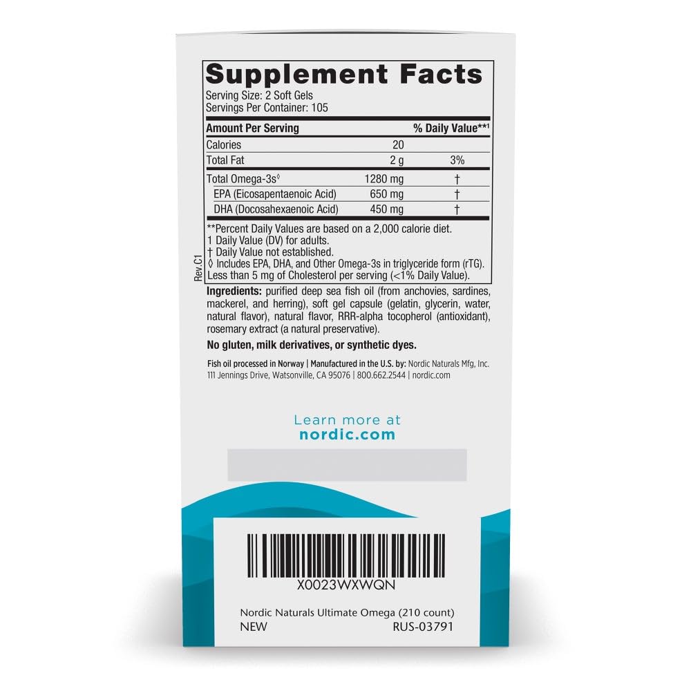Nordic Naturals Ultimate Omega, Lemon Flavor - 210 Soft Gels - 1280 mg Omega-3 - High-Potency Fish Oil with EPA & DHA - Promotes Brain & Heart Health - Non-GMO - 105 Servings