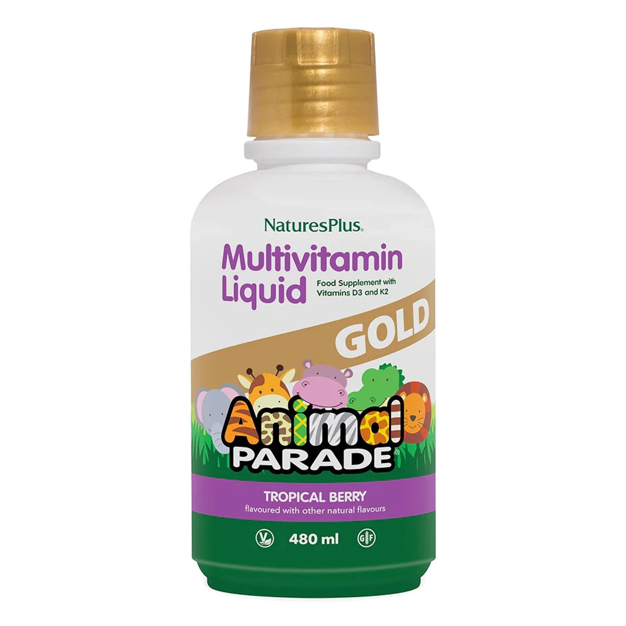 NaturesPlus Animal Parade Gold Children's Liquid Multivitamin, 16 fl oz - Natural Tropical Berry Flavor - Immune Support Supplement - Gluten Free, Vegan - 32 Servings