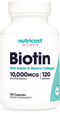 Thumbnail for Nutricost Biotin for Women 10,000mcg 120 Capsules - with Folate & Collagen, Gluten Free & Non-GMO