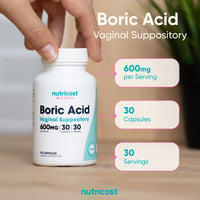 Thumbnail for Nutricost Boric Acid 600mg, 30 Capsules - Vaginal Suppository - Non-GMO - for Women