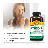 Thumbnail for Country Life Omega-3 Fish Oil Supplement, 1000mg, 180mg EPA & 120mg DHA, Fish Oil Concentrate, Burpless, 300 Softgels, Certified Gluten Free