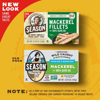 Thumbnail for Season Mackerel in Olive Oil - Skinless & Boneless, Wild Caught Fish, Keto Snacks, Canned Mackerel Fillets, Full of Vitamins, Low in Mercury, Kosher, Non-GMO, 20g of Protein - 4.37 Oz, 12-Pack