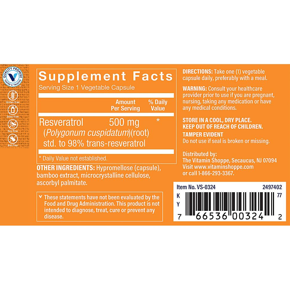 The Vitamin Shoppe Resveratrol a Antioxidant & Healthy Aging Support a 500 MG (60 Capsules)