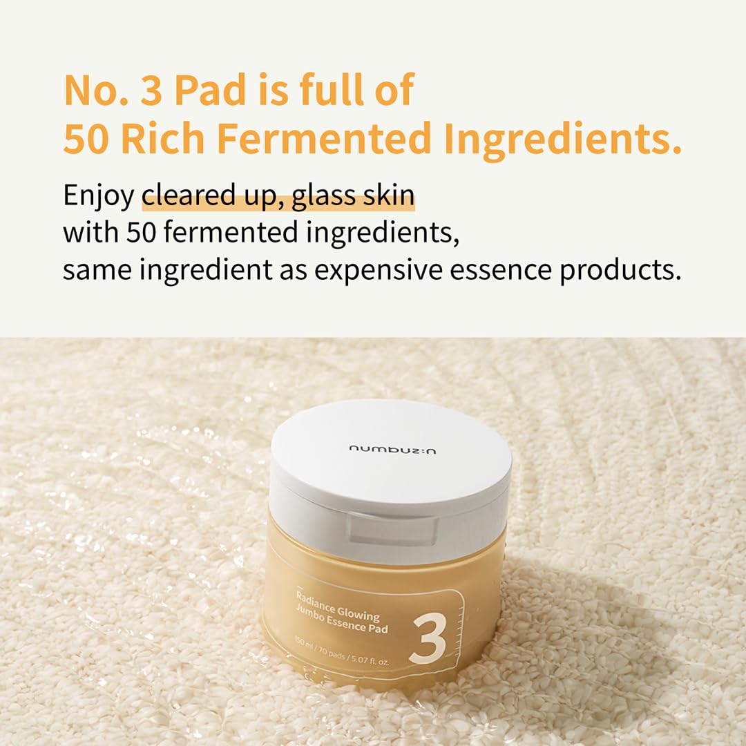 numbuzin No.3 Toner Pads | Radiance Glowing Jumbo Essence Pad | Clear Glass Skin, Texture Care | Biodegradable Vegan, Fermented Ingredients, Niacinamide | 70 Pads/5.07 fl. oz.