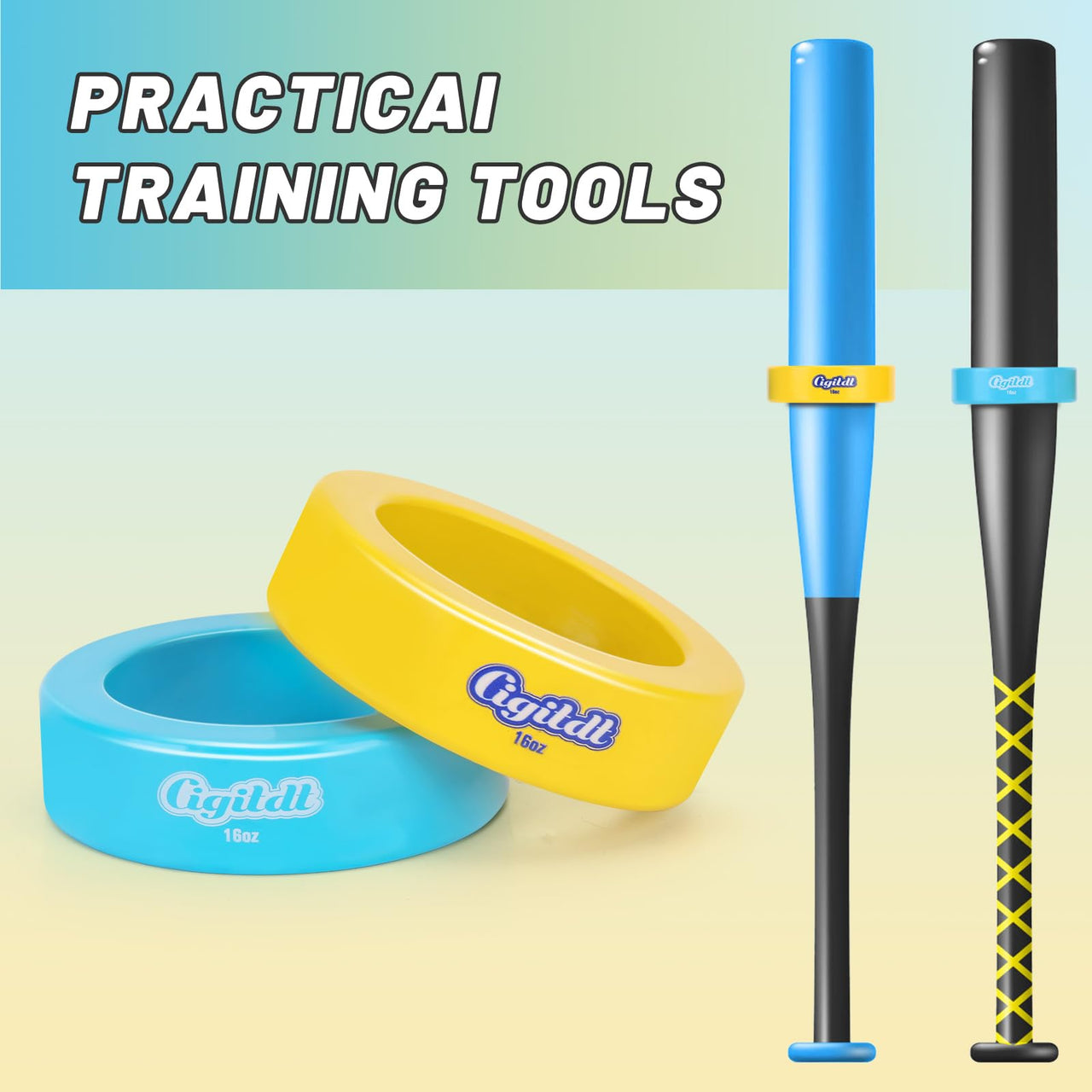 CIGITDT 2 Pack Baseball and Softball Bat Weights - 16 oz Baseball Donuts for Adult + Youth Baseball Accessories- Fits All Standard Bats-Yellow & Blue