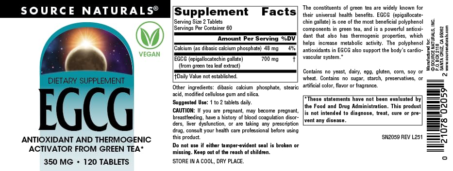 Source Naturals EGCG, Antioxidant and Thermogenic Activator from Green Tea*, 350 mg - 120 Tablets