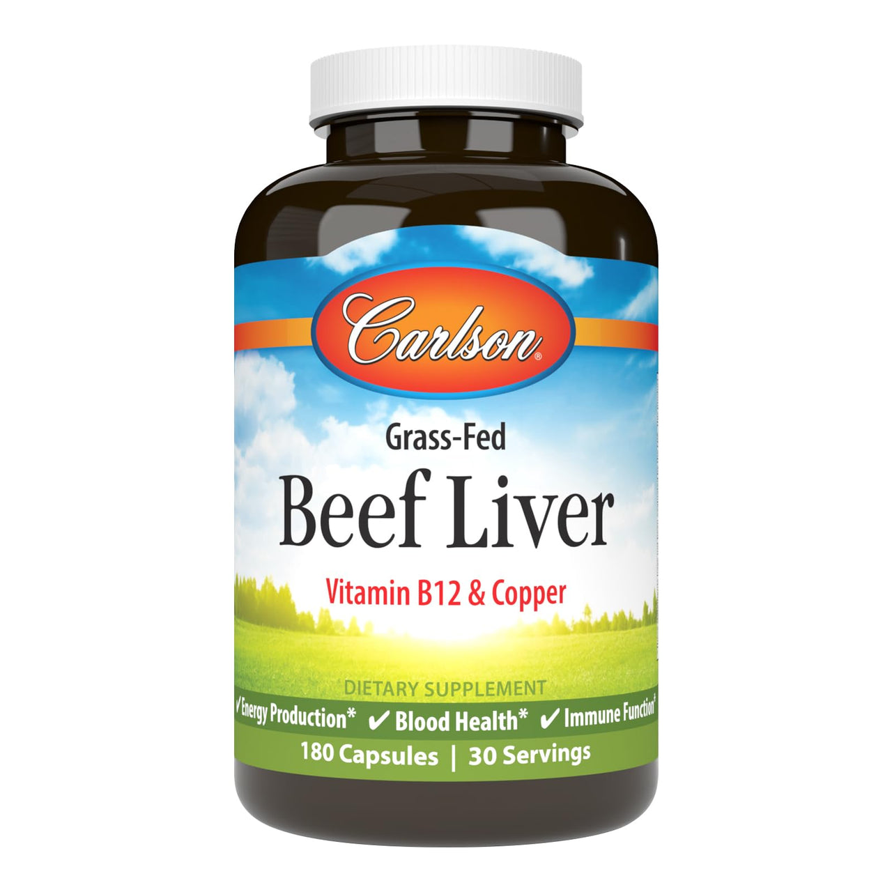 Carlson – Grass-Fed Beef Liver, with Iron & Copper, Supports Blood Health & Energy, Red Blood Cell Production, 180 Capsules