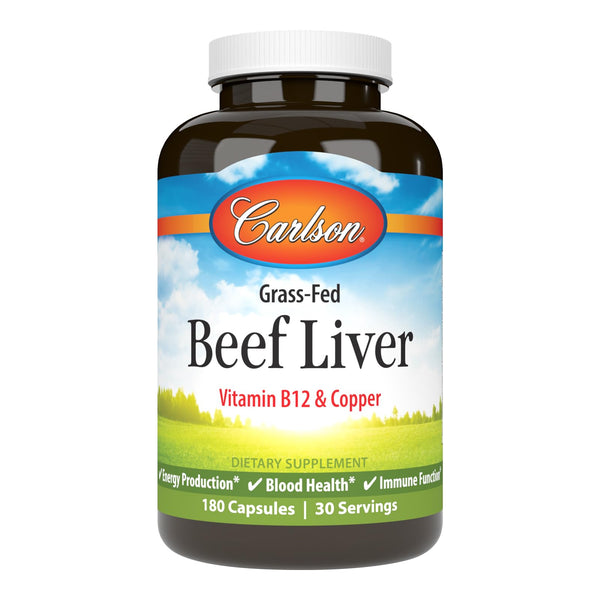 Carlson – Grass-Fed Beef Liver, with Iron & Copper, Supports Blood Health & Energy, Red Blood Cell Production, 180 Capsules