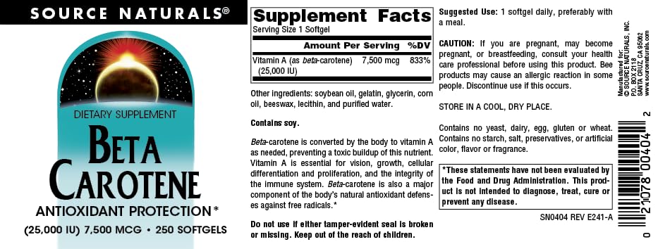 Source Naturals Beta Carotene 25000 iu Antioxidant Protection - Converted by Body to Vitamin A - 250 Softgels